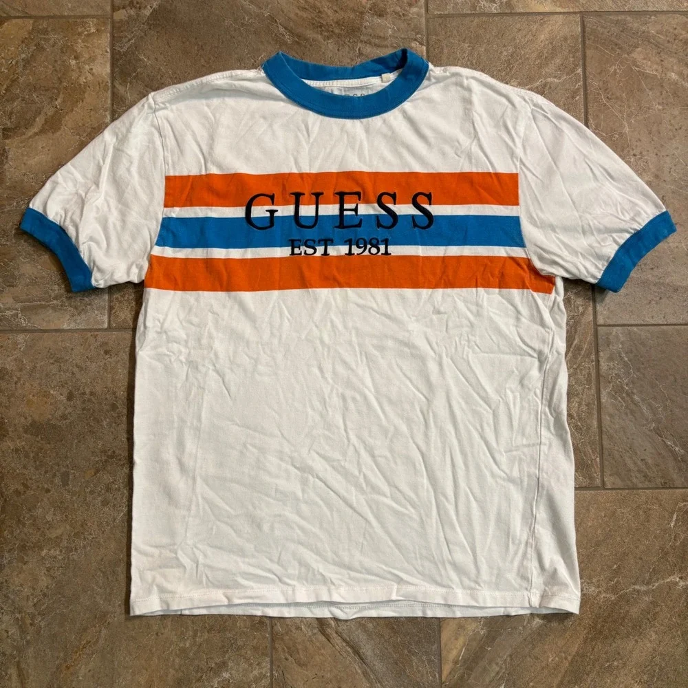 Guess Los Angeles Mens Striped Ringer Small T-Shirt Embroidered - Picture 2 of 6